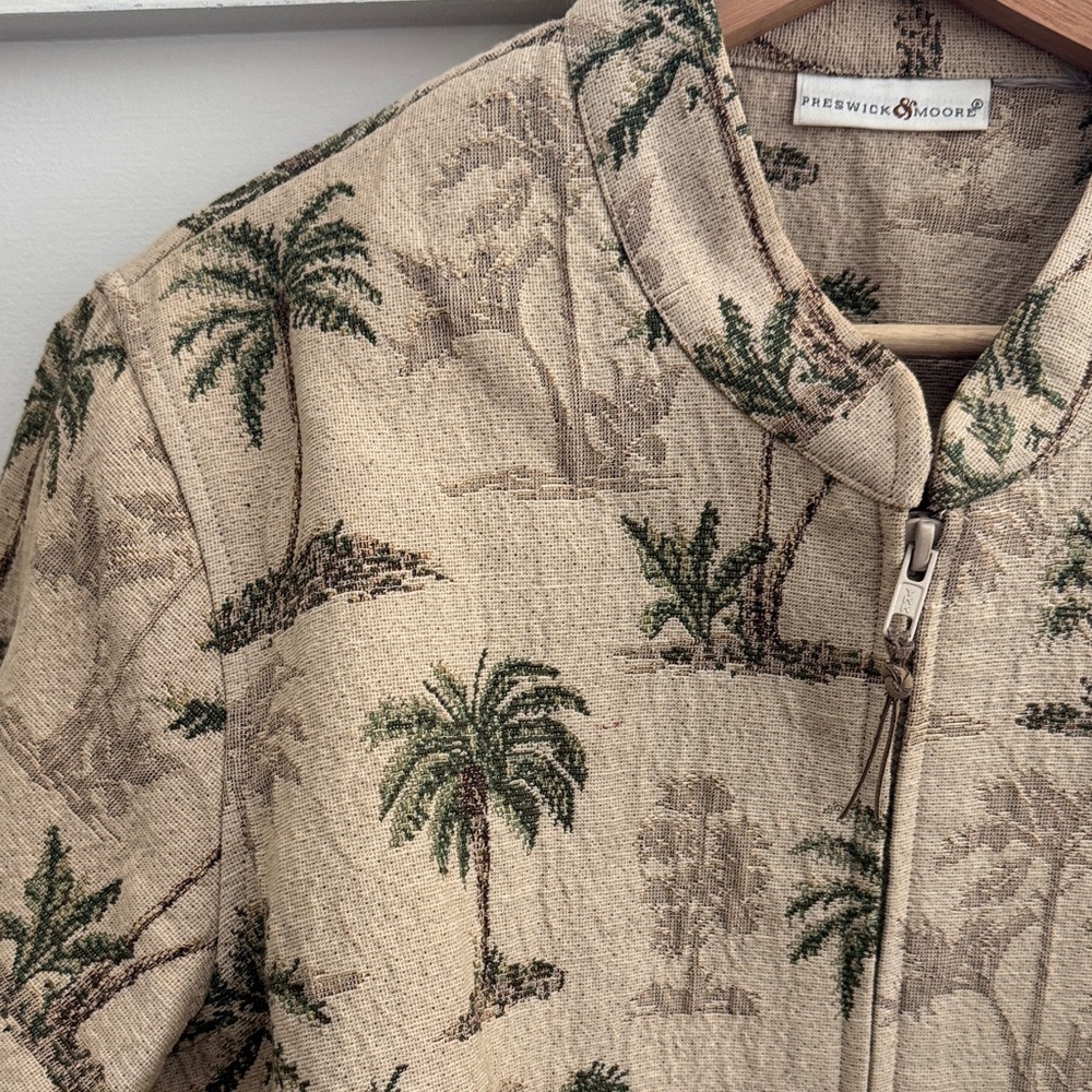 Vintage Palm Tree Jacket Tropical Print Zip Front Tan Green Preswick & Moore L - Picture 6 of 6